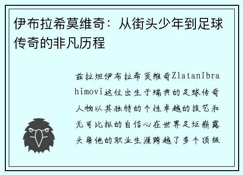 伊布拉希莫维奇：从街头少年到足球传奇的非凡历程